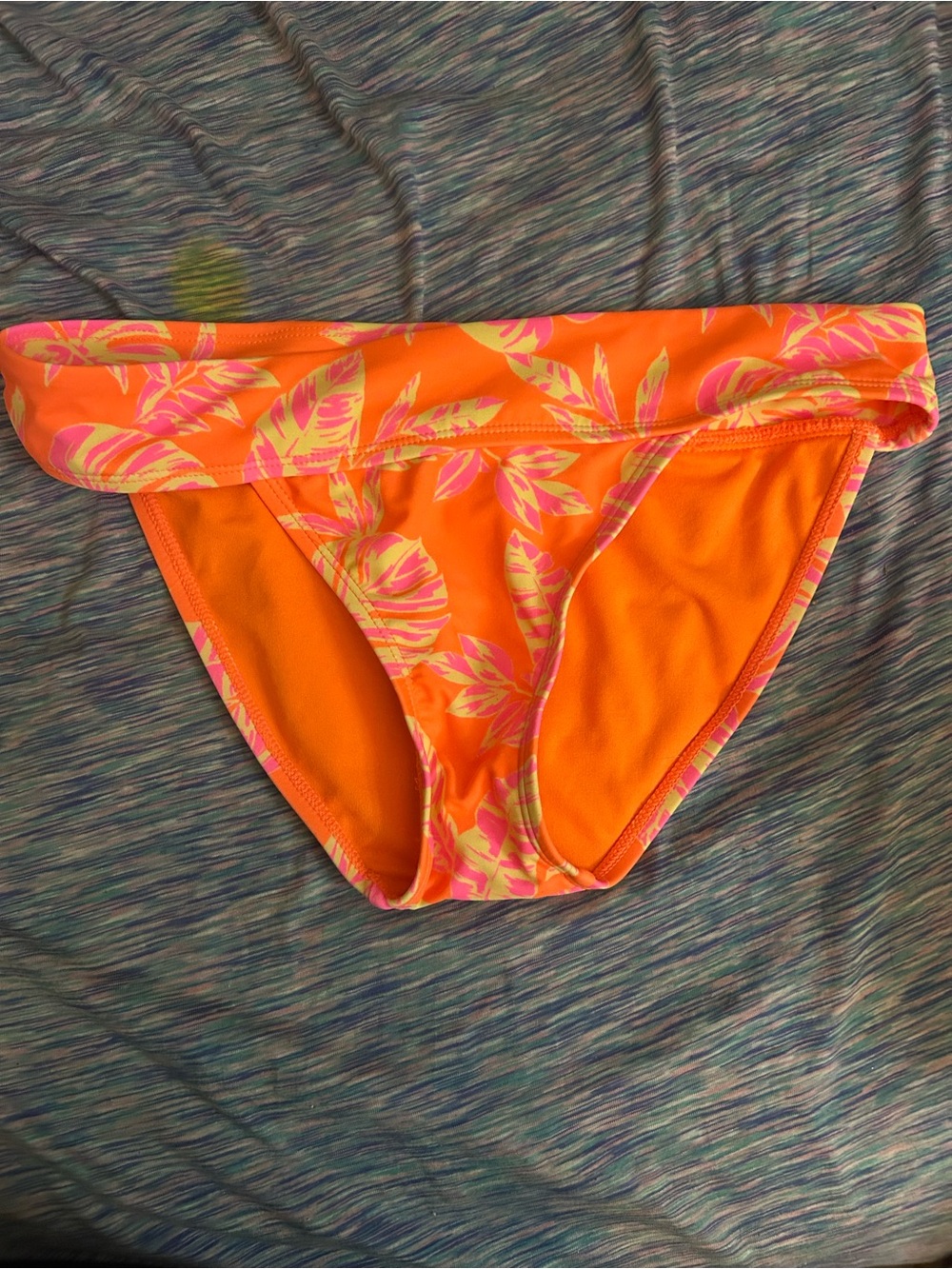 Fold-Over Orange Tropical Print Bikini Bottom
